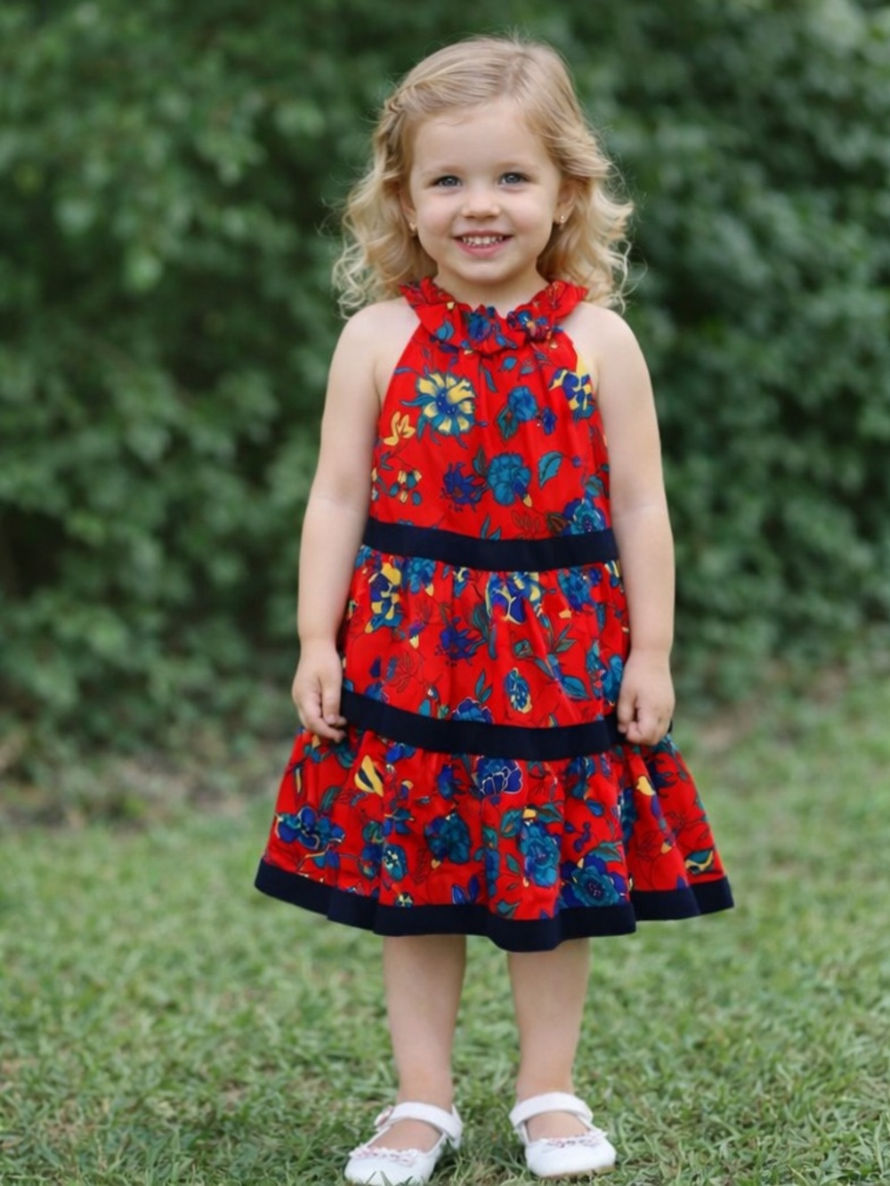 Girls Red Floral Tiered Dress